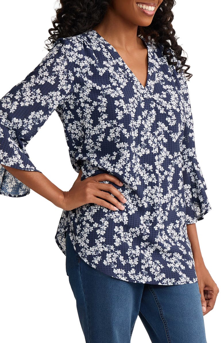 Jones New York Floral Print Woven Shirt, Alternate, color, Pacific Navy/Natural White