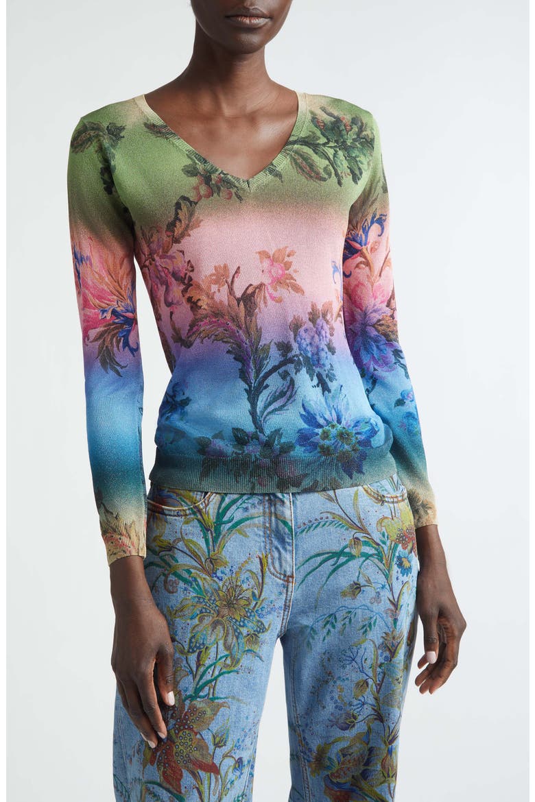 Metallic Floral Ombré V-Neck Sweater, Main, color, GREEN