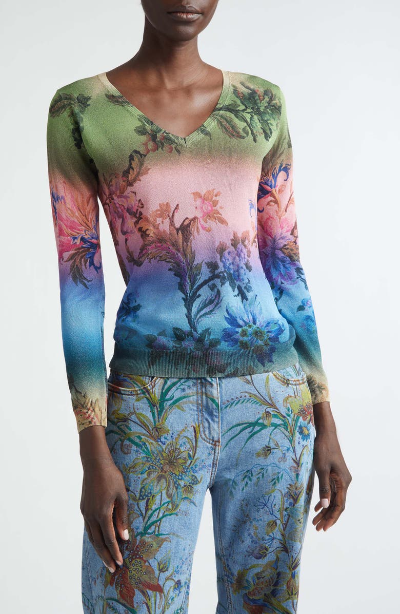 Etro Metallic Floral Ombré V-Neck Sweater, Main, color, Green