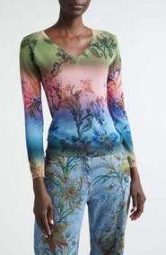 Etro Metallic Floral Ombré V-Neck Sweater