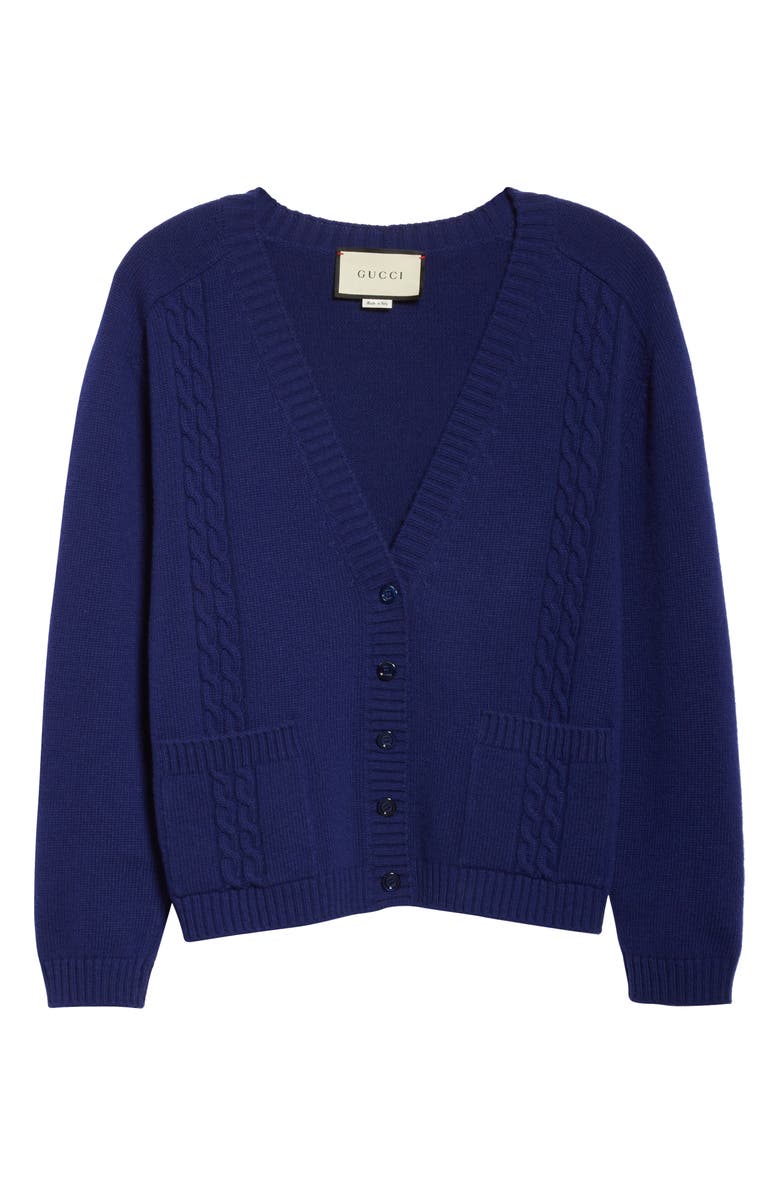Gucci Logo Patch Cable Wool Cardigan, Alternate, color, 