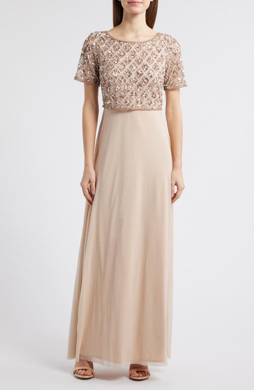 Pisarro Nights Beaded Mesh Mock Two-piece Evening Dress In New Peach