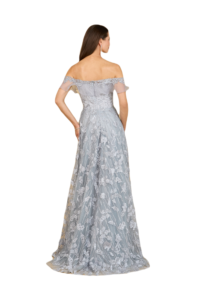 Flutter Off Shoulder Lace Gown, Alternate, color, Grey