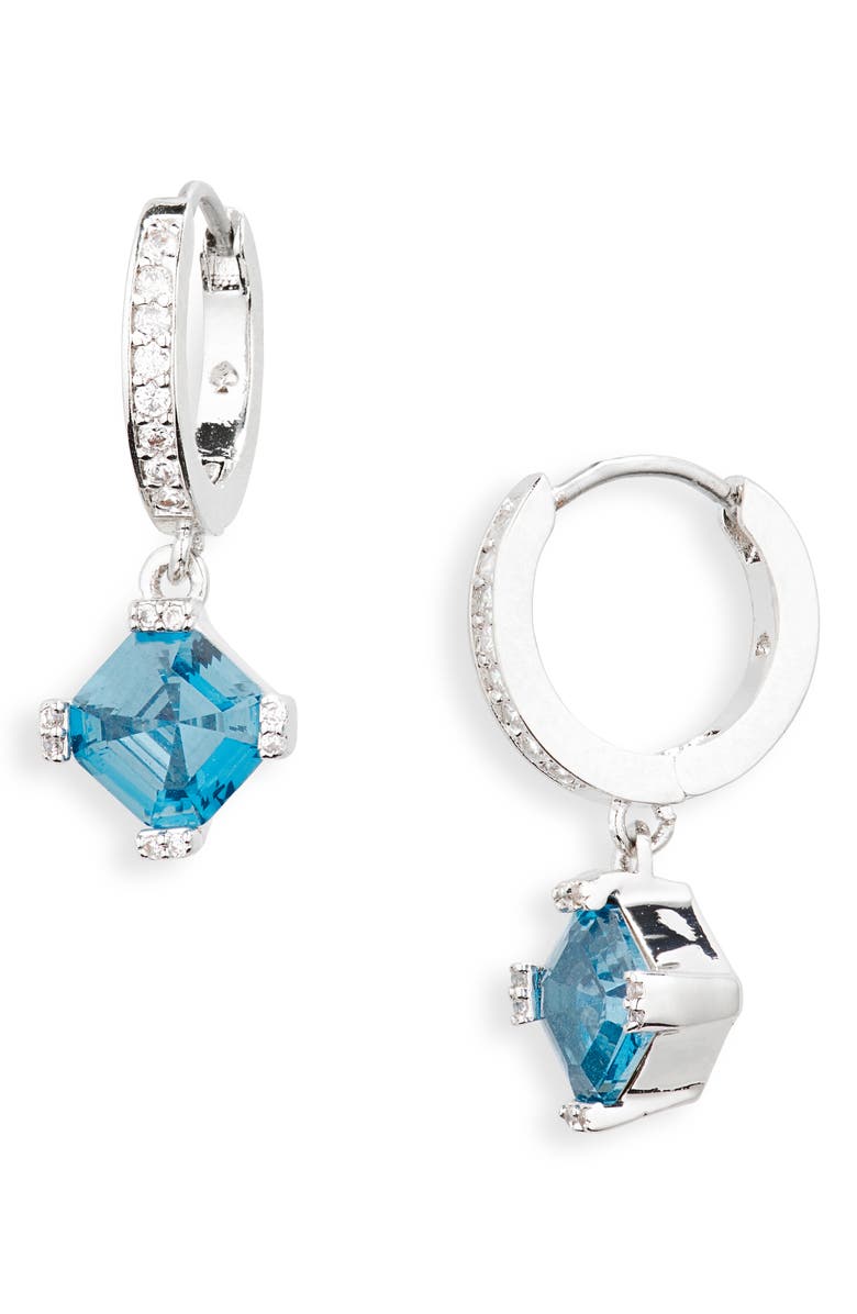 Kate Spade New York blue crystal drop huggie hoop earrings, Alternate, color, Light Sapphire