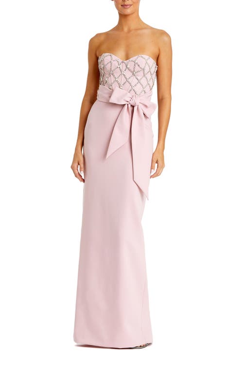 Mac Duggal Strapless Crepe Embellished Bustier Gown With Bow In Rose