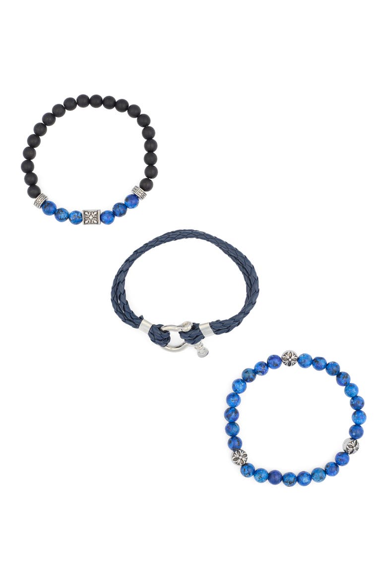 Men's Set of 3 Beaded & Faux Leather Bracelets, Alternate, color, BLUE/ BLACK