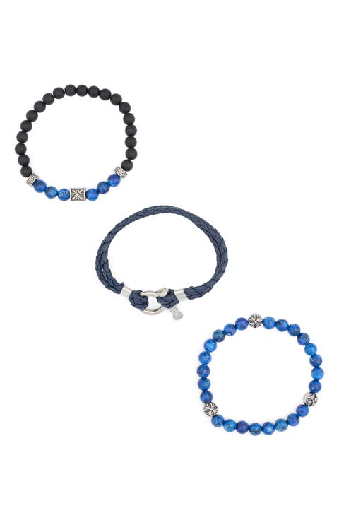 Men's Set of 3 Beaded & Faux Leather Bracelets