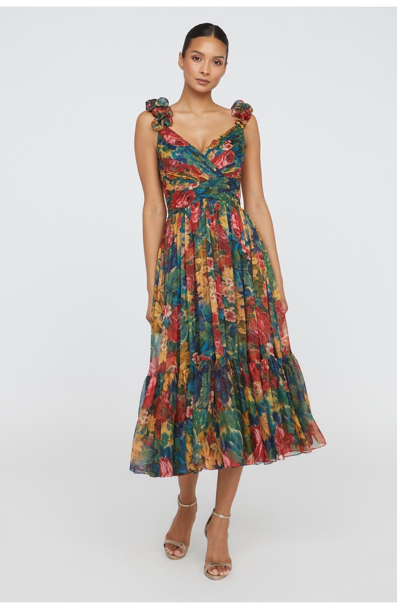 Theia Tate Ruffle Shoulder Dress, Main, color, Tapestry Roses