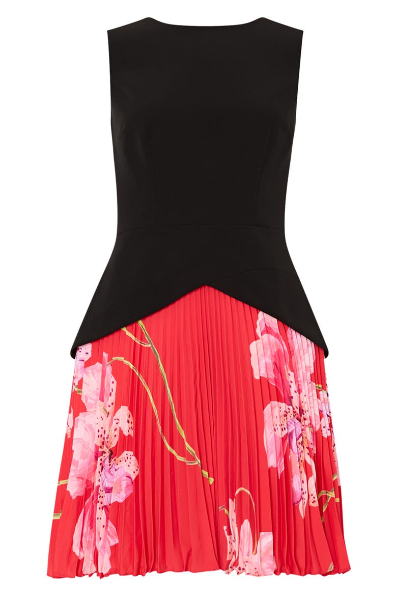 Haddy Floral Pleated Minidress, Alternate, color, BLACK/ RED MULTI