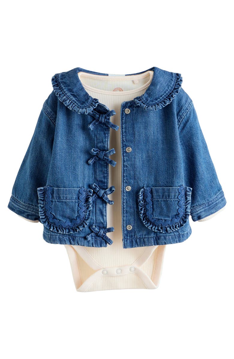 NEXT Rib Bodysuit, Denim Jacket & Leggings Set, Alternate, color, Blue