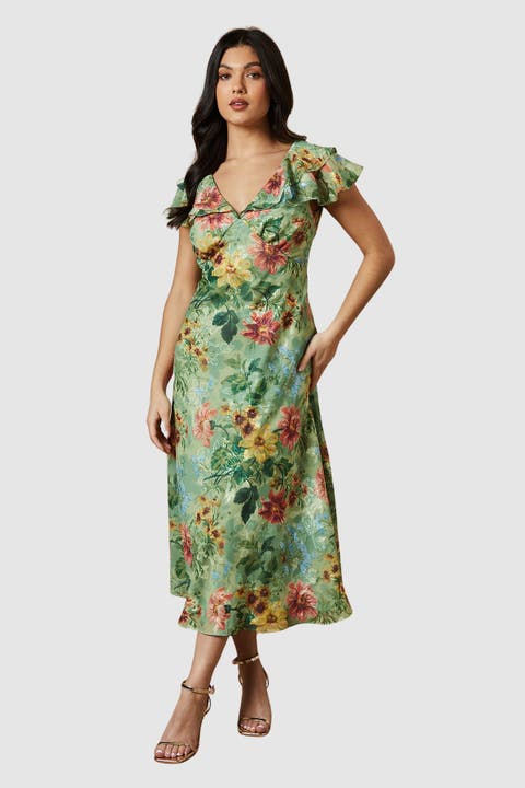 Floral Satin Burnout Ruffle Midi Dress
