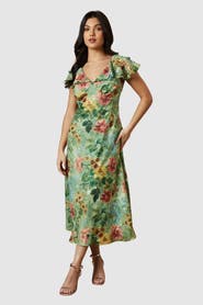 Oasis Floral Satin Burnout Ruffle Midi Dress