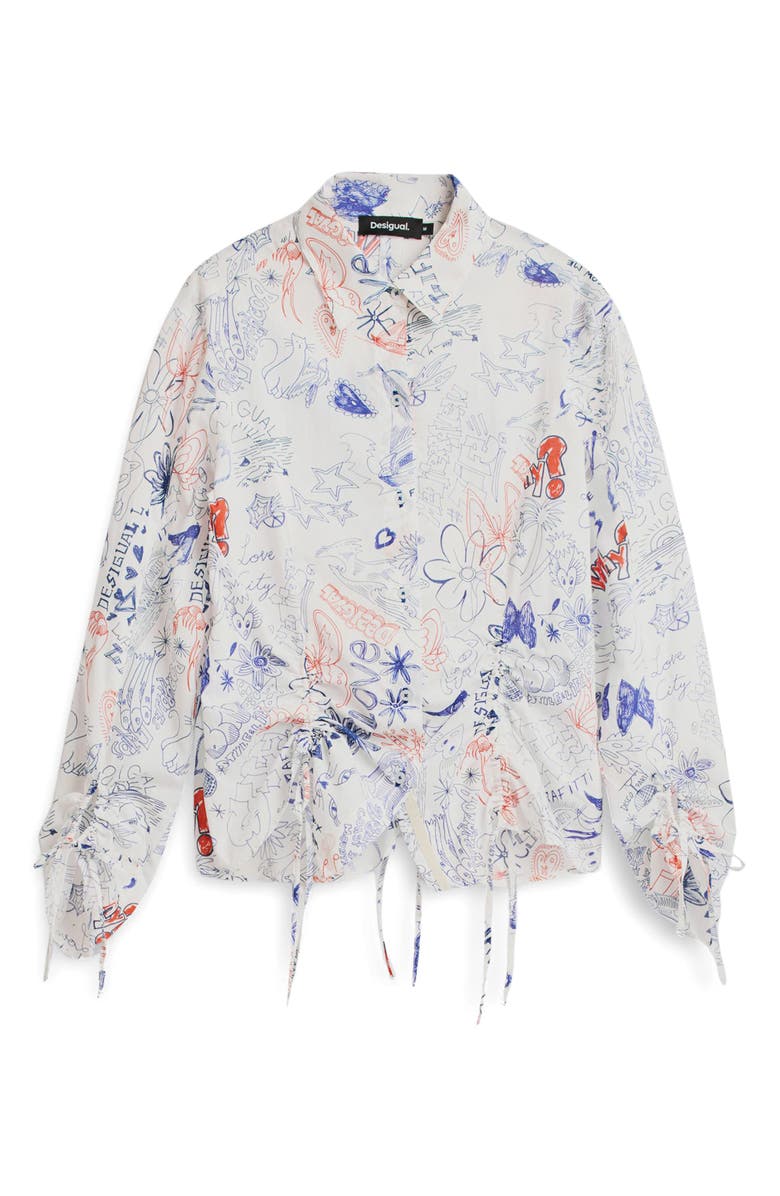 Desigual Ruched Long Sleeve Cotton Button-Up Shirt, Alternate, color, Light Beige