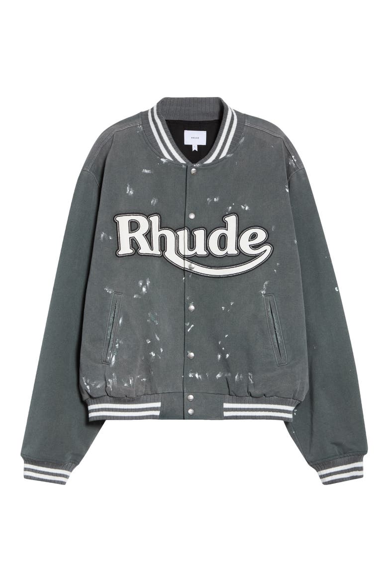 Inferno Washed Canvas Varsity Jacket, Alternate, color, FADED BLACK/ WHITE