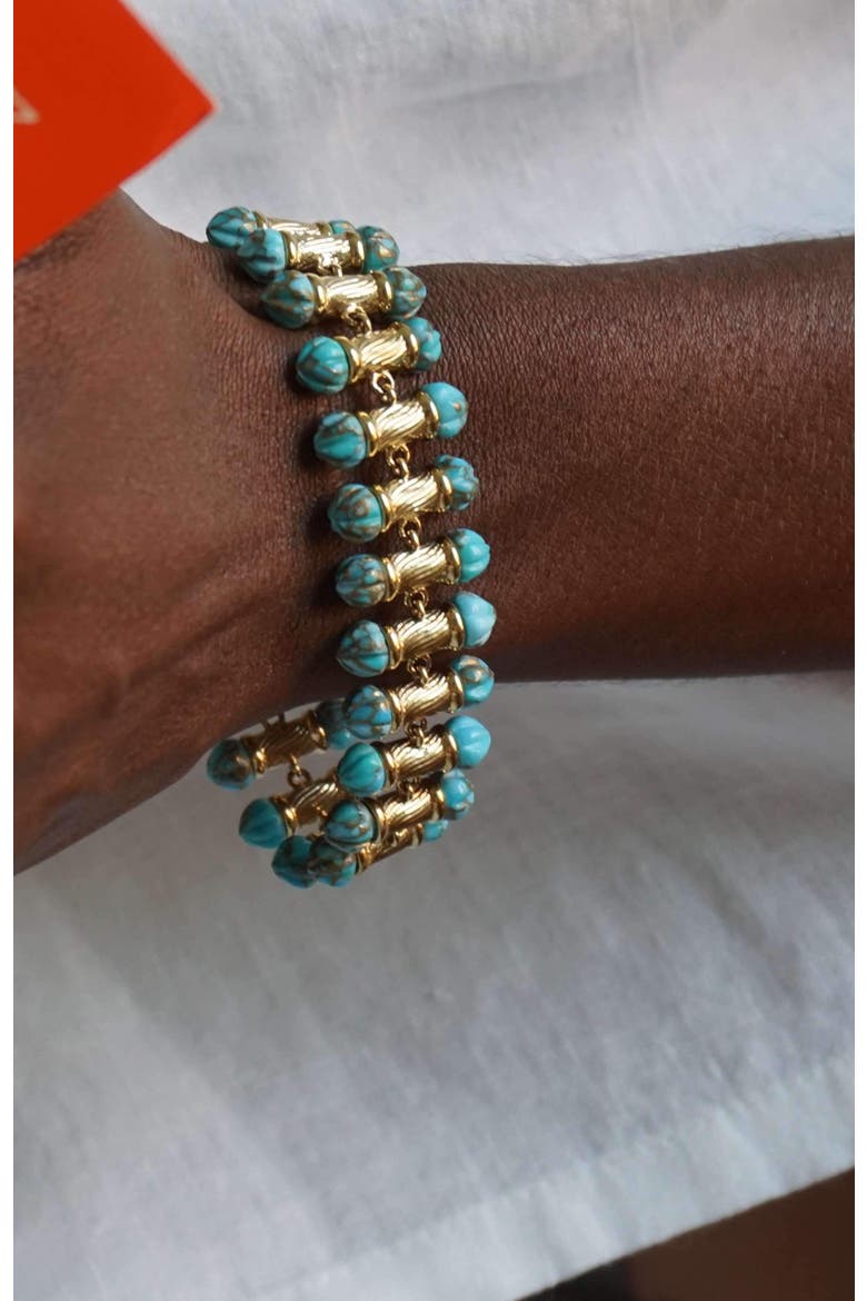 Twisted Rays Design Turquoise Gemstone Yellow Gold Plated Silver Women Bracelet, Alternate, color, 14KT Gold Vermeil on Sterling