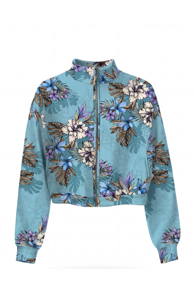 Exotic Floral Womens Cropped Zip Jacket, Main, color, EXOTIC FLORAL TEAL