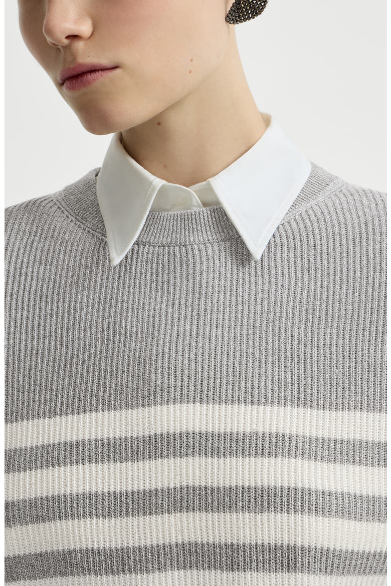 Sparkling cotton striped English rib sweater with monili, Alternate, color, Silver