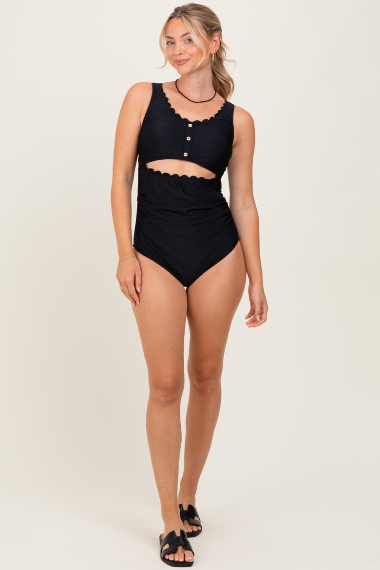Scalloped Cutout Ruched One Piece Swimsuit, Alternate, color, Black