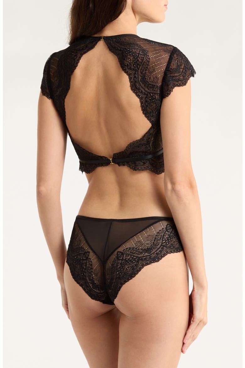 Greta Crop Lace & Mesh Top & Briefs Set, Alternate, color, BLACK