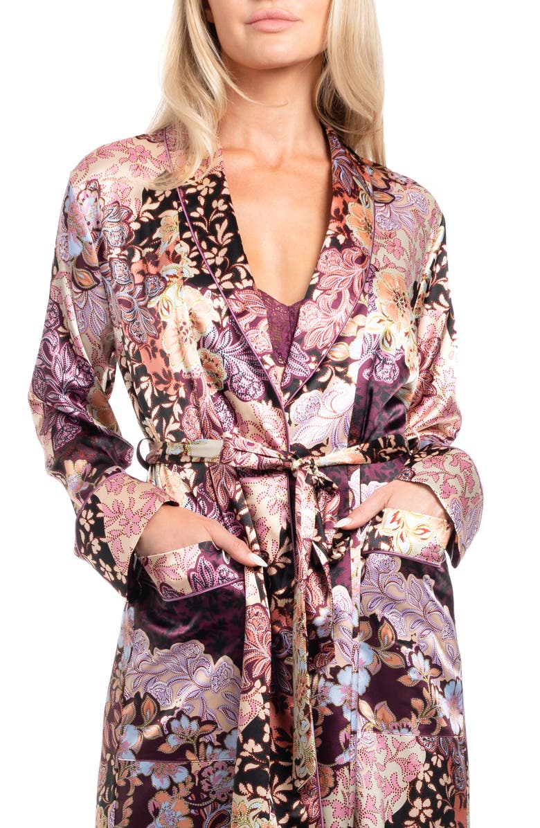 In Bloom by Jonquil Anna Print Satin Robe, Alternate, color, Plum
