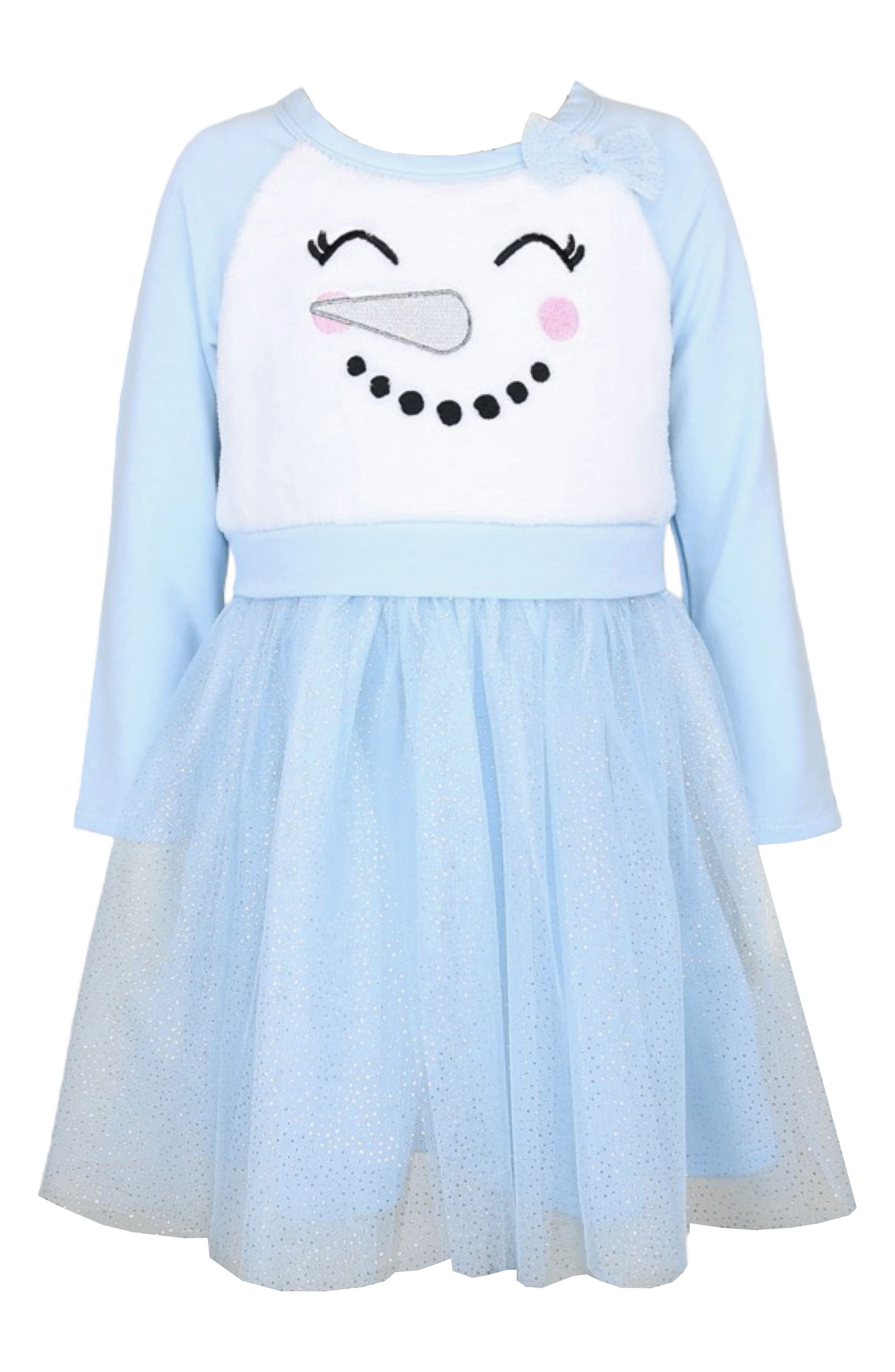 Zunie Kids' Snowman Embroidered Long Sleeve Plissé Dress