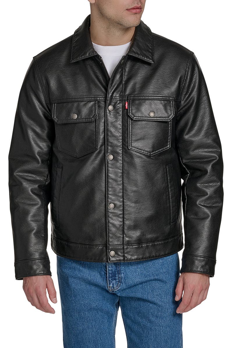 Levi's<sup>®</sup> Relaxed Water Resistant Faux Leather Trucker Jacket, Main, color, Black