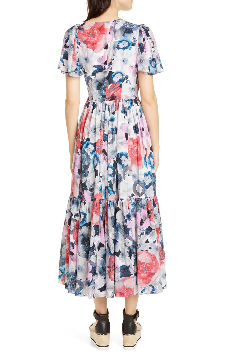 Erdem Floral Print Asymmetrical Neck Silk Midi Dress, Alternate, color, 
