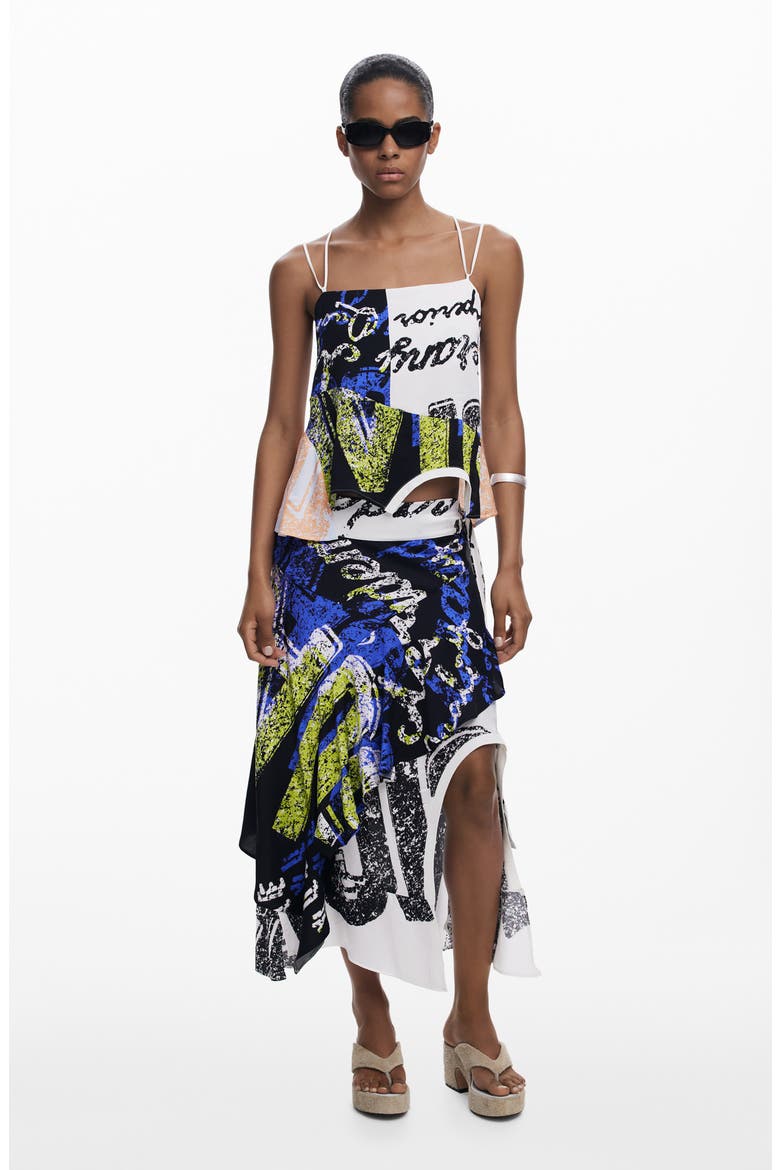 Print Asymmetric Maxi Skirt, Alternate, color, BLACK