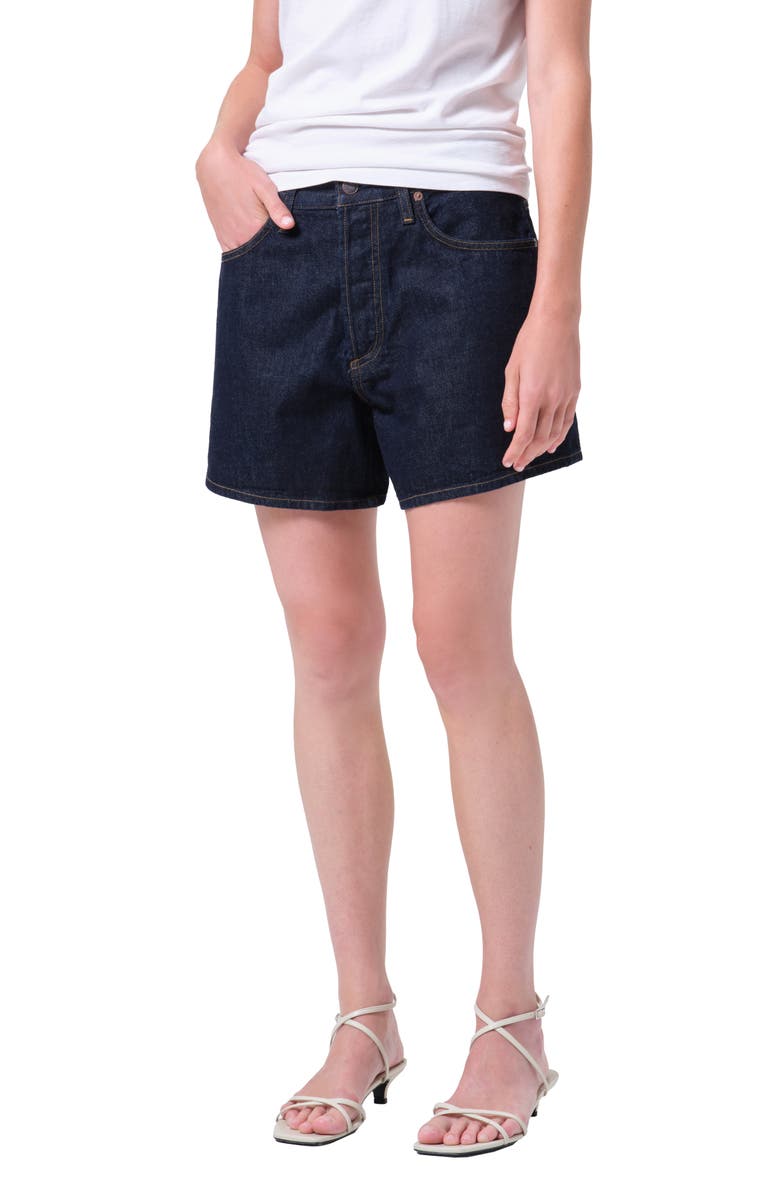 AGOLDE Leith High Waist Relaxed Long Denim Shorts, Alternate, color, Rinse Dk Basic Ind Rinse