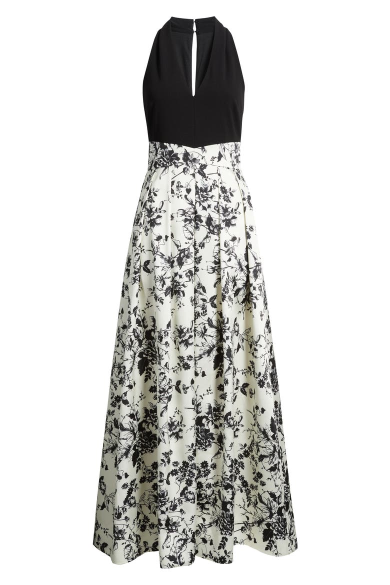 Print Pleated Sleeveless Gown, Alternate, color, BLACK MULTI