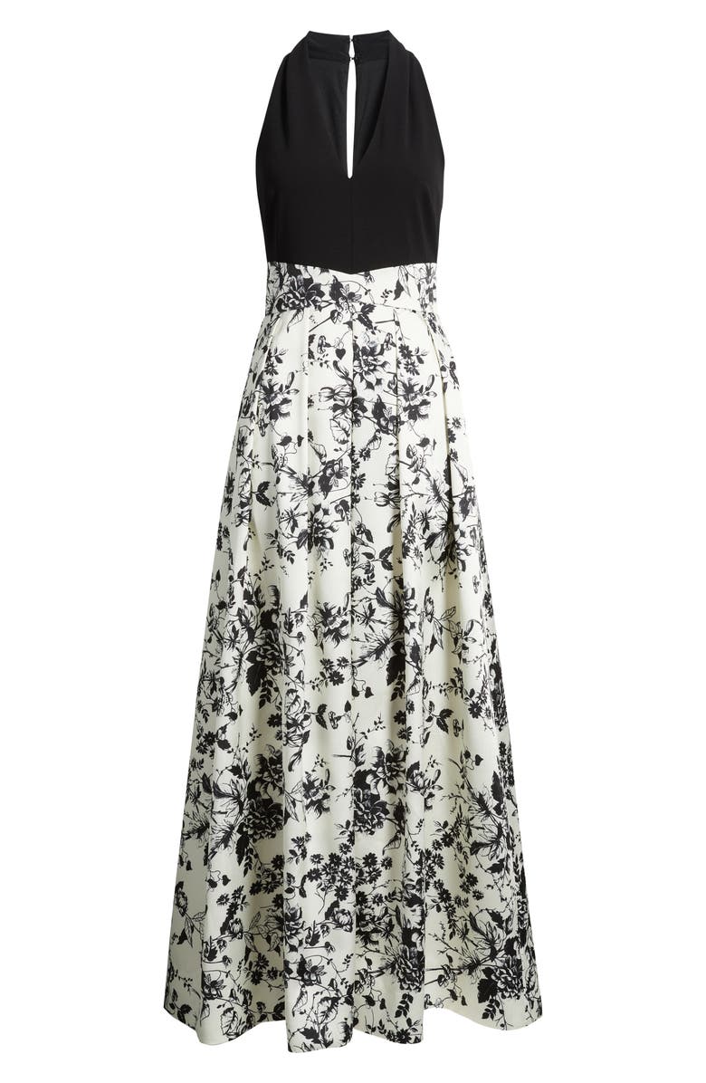 Julia Jordan Print Pleated Sleeveless Gown, Alternate, color, Black Multi