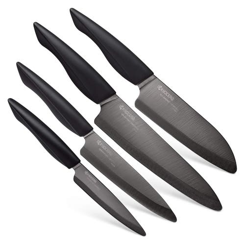 Kyocera Innovationblack 4-piece Ceramic Knife Set, 4.5-inch Utility, 5-inch Slicing, 5.5-inch Santok In Black