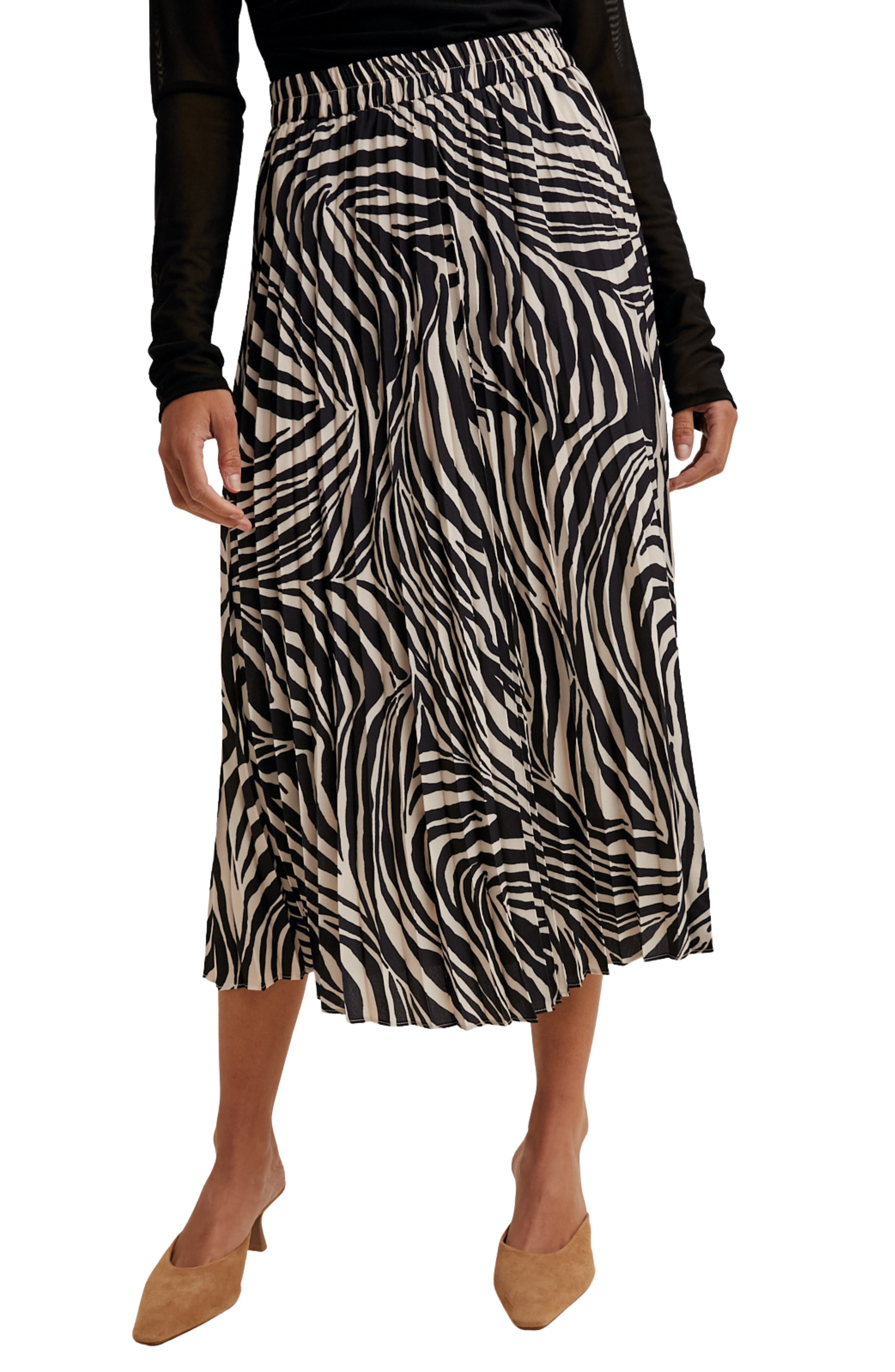 Zebra Pleated Midi Skirt