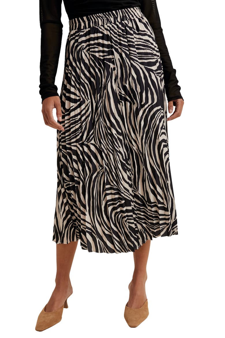 Zebra Pleated Midi Skirt, Main, color, OFF WHITE/ BLACK