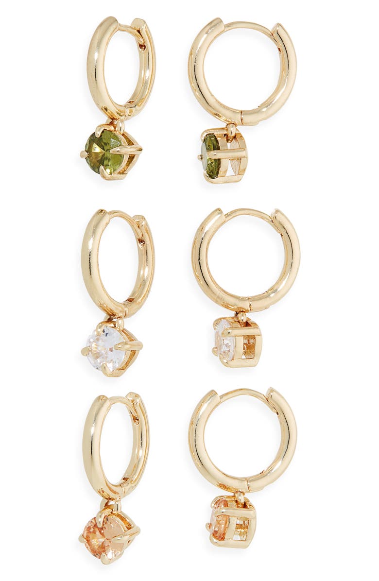 Tasha Set of 3 Cubic Zirconia Drop Huggie Hoop Earrings, Main, color, Gold Multi