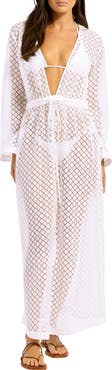 Seafolly Tie Belt Long Sleeve Sheer Lace Cover-Up Dress
