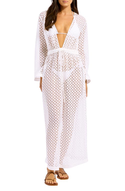 Seafolly Tie Belt Long Sleeve Sheer Lace Cover-Up Dress in White at Nordstrom, Size X-Small