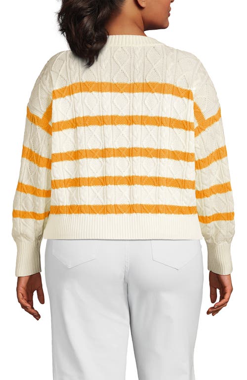 Lands' End Drifter Relaxed Cable Cardigan Sweater In Ivory/sweet Mango Gulf Stripe