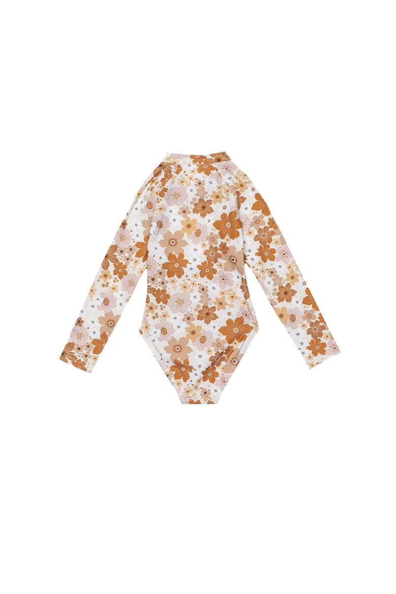 Nostalgic Bloom Long Sleeve Zip Front One Piece Swimsuit, Alternate, color, Brown-Haze