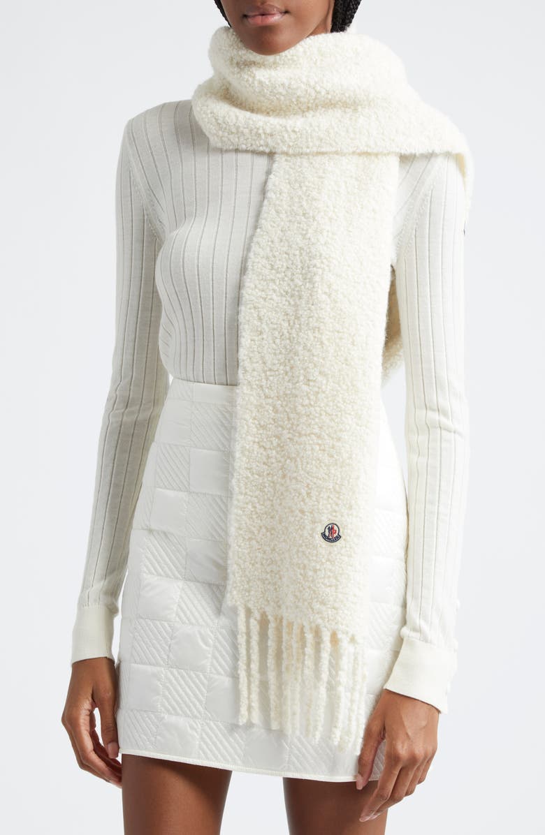 Moncler Logo Patch Alpaca Blend Fringe Scarf, Alternate, color, Natural