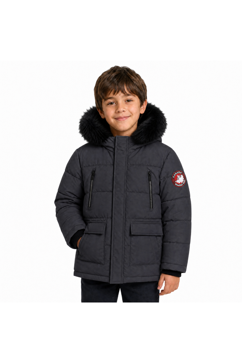 Boys' Faux Fur Hood Insulated Puffer Parka, Main, color, Black