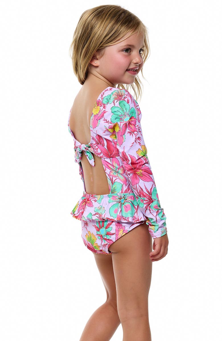 Beach Lingo Kids' Pom Trim Ruffle Long Sleeve One-Piece Rashguard Swimsuit, Alternate, color, 