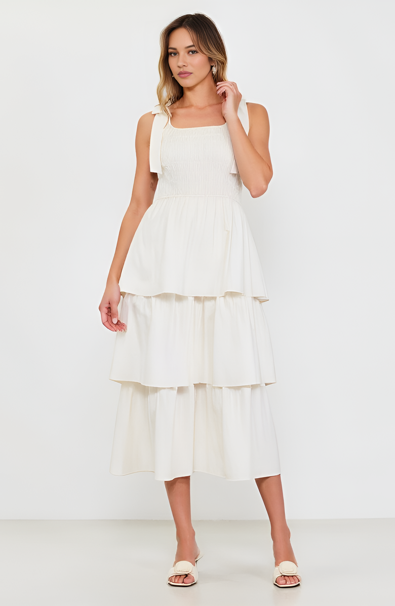 Modenaire Tiered Smocked Midi Dress with Bow-Tie Shoulder Straps, Alternate, color, White