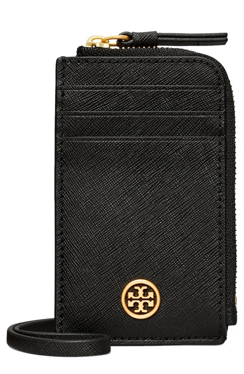 Tory Burch Robinson Saffiano Leather Card Case Lanyard, Main, color,