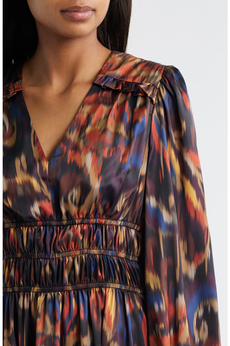 Ikat Long Sleeve Stretch Satin Midi Dress, Alternate, color, ORANGE MULTI