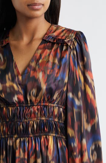 Ikat Long Sleeve Stretch Satin Midi Dress