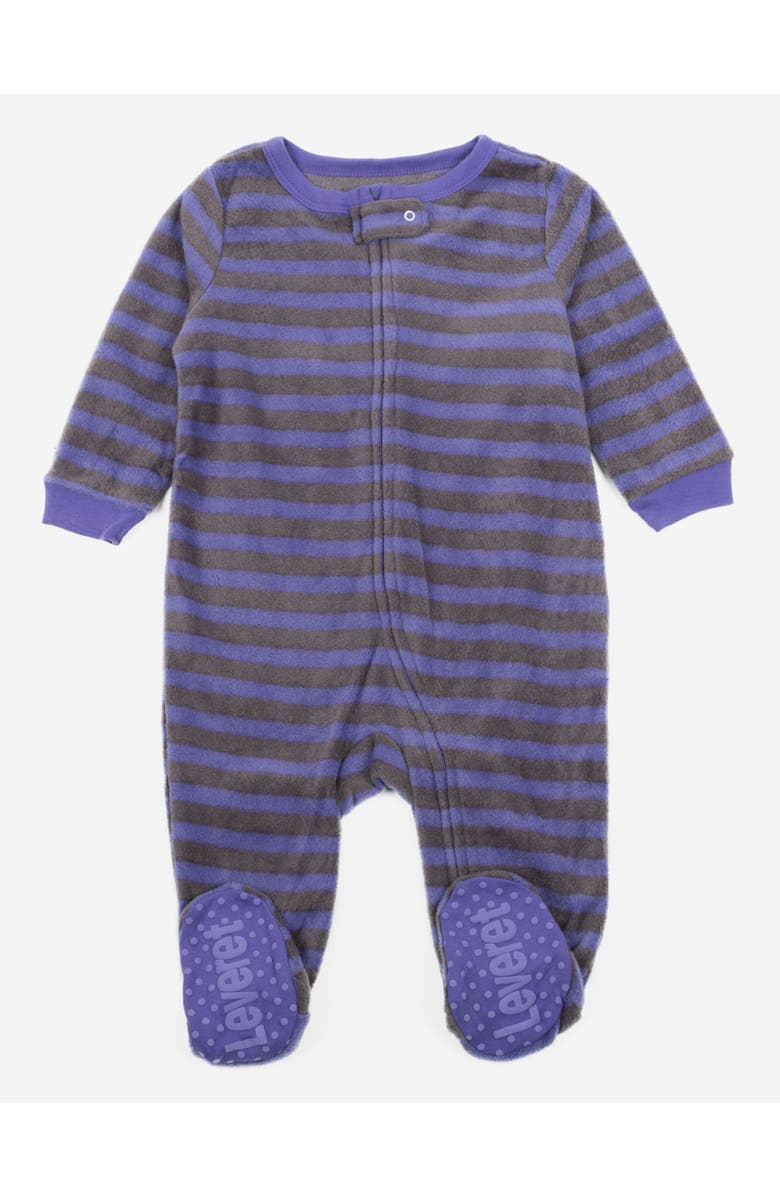 Leveret Footed Fleece Printed Holiday Pajamas, Main, color, Striped Purple & Gray