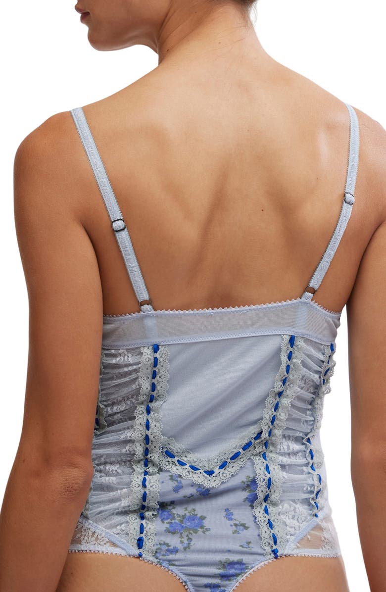 Free People Sara Floral Print Lace Corset Bodysuit, Alternate, color, Blue Combo