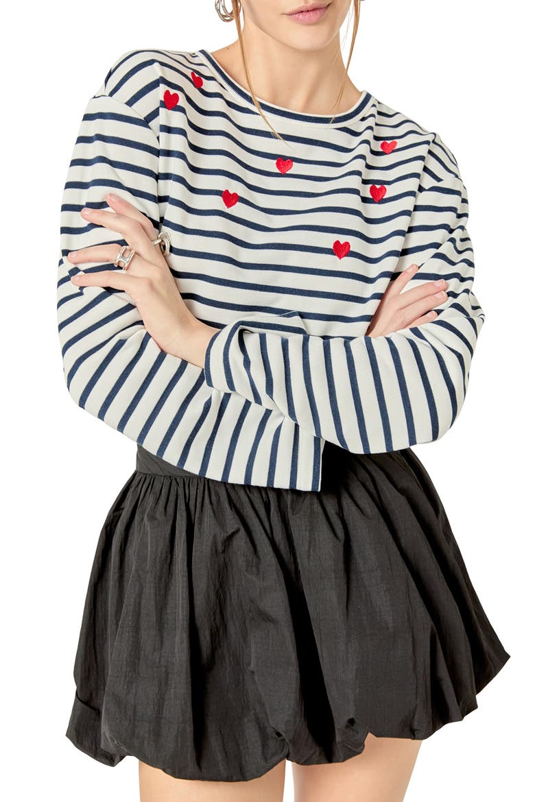 Heart Embroidered Stripe Cotton Top, Alternate, color, WHITE/ NAVY