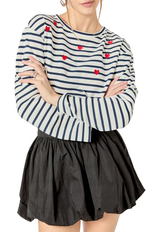 English Factory Heart Embroidered Stripe Cotton Top In White/navy